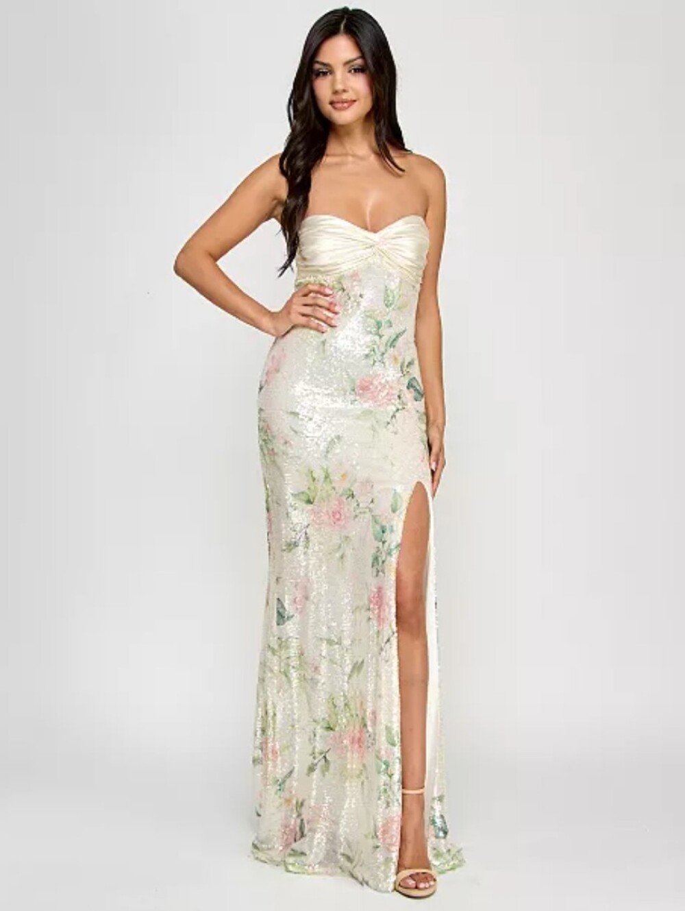 City Studios Juniors' Satin Twist-Front Bow-Back Sequined Gown
